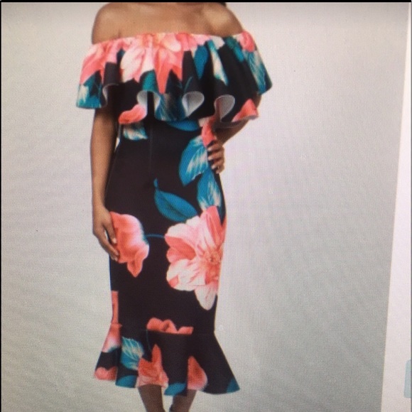 Navy blue Hawaiian pink flower boat neck dress - Picture 1 of 4